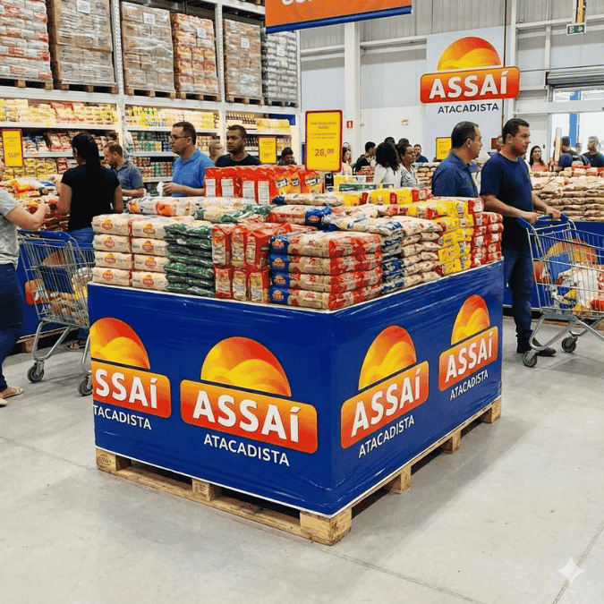 Bobina de forração personalizada instalada em ilha de supermercado ocultando o pallet de madeira e destacando a marca