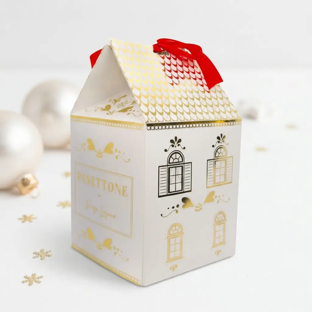 Caixa para panetone personalizada branca em formato casinha com telhado em hot stamping dourado e fita de cetim vermelha