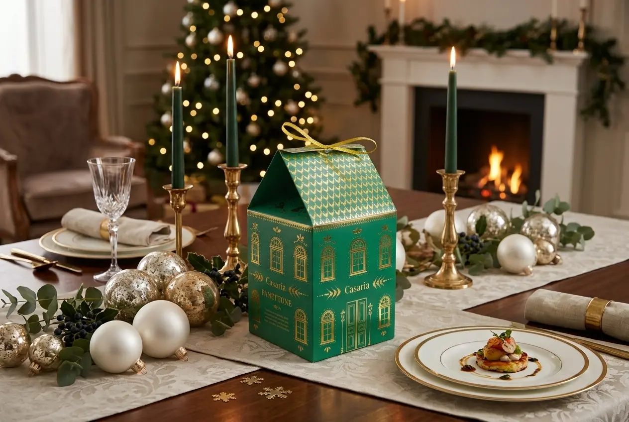 Caixa de Natal personalizada Casarìa verde com fachada de porta, lampiões e janelas em hot stamping dourado