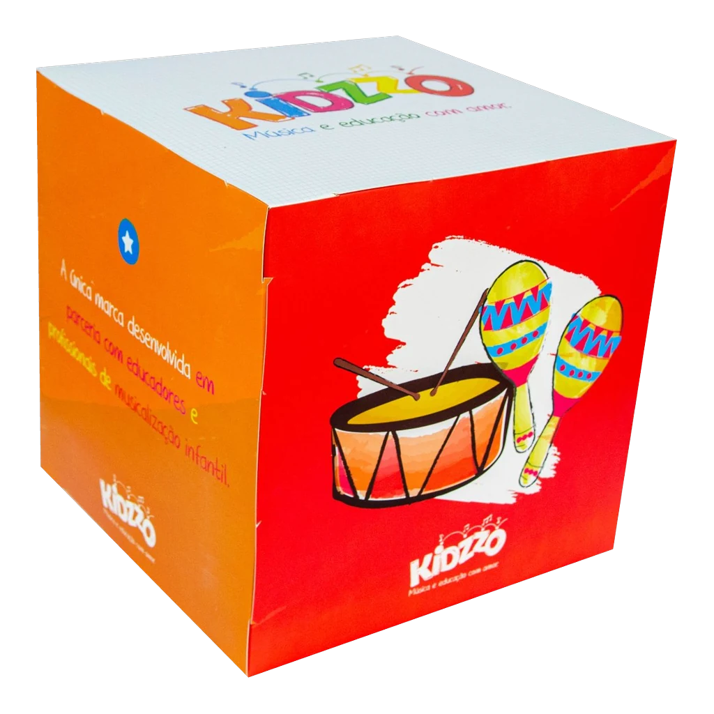 Cubo promocional Kidzzo impresso pela RM2 com tambor e maracas na face vermelha e logotipo na face superior
