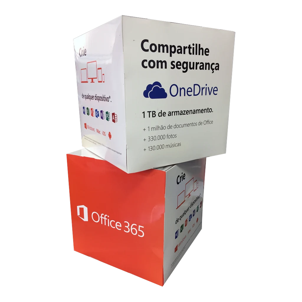 Cubos promocionais empilhados de Office 365 e OneDrive produzidos pela RM2 Holding