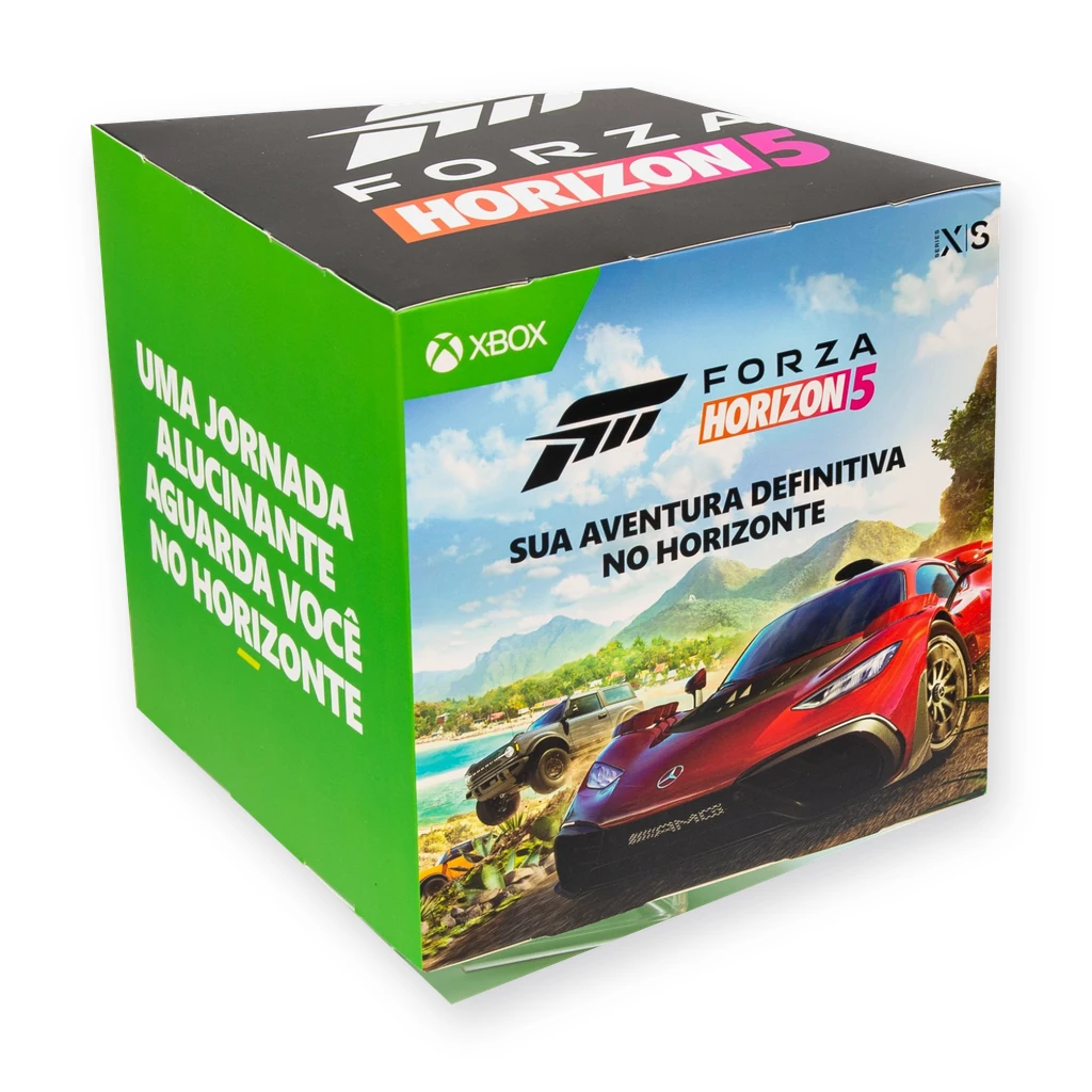 Cubo promocional Xbox Forza Horizon 5 produzido pela RM2 com arte do jogo, slogan em verde e logotipo no topo