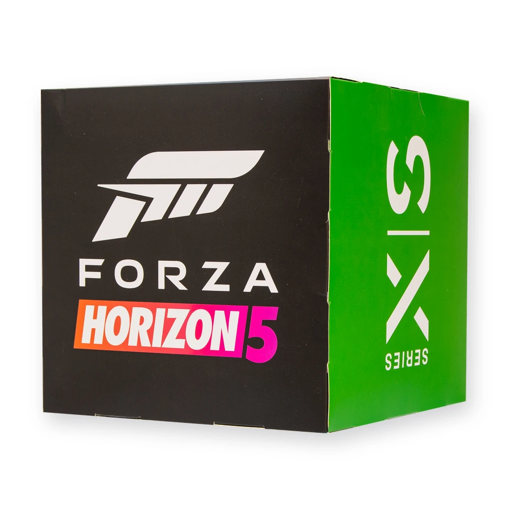 Cubo promocional Forza Horizon 5 com face preta do logotipo e face verde Xbox Series X|S
