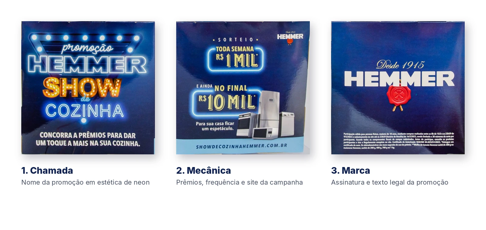 As três faces do cubo promocional Hemmer: chamada da promoção, mecânica do sorteio e marca com texto legal